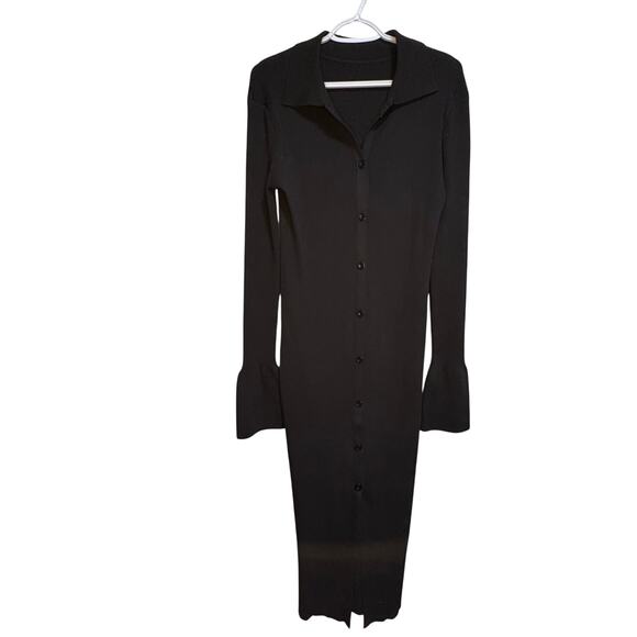 Paige Black Sundara Dress Midi 70s Bell Sleeves Winter Fall Ribbed Button Up XL - Picture 3 of 11